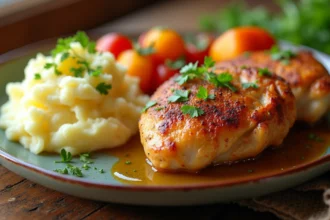 "A delicious and visually appealing plate of tender slow cooker chicken thighs served alongside creamy mashed potatoes and vibrant roasted vegetables. The dish is garnished with fresh herbs like parsley and thyme, arranged elegantly on a rustic wooden table. The chicken thighs are golden-brown with crispy skin, showcasing their juicy and flavorful texture. Soft natural lighting highlights the warmth and comfort of the meal."